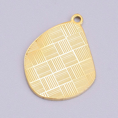 Stainless Steel Line Engraved Checkered Abstract Pear-Shaped Charm in Gold &amp; Silver | P-918