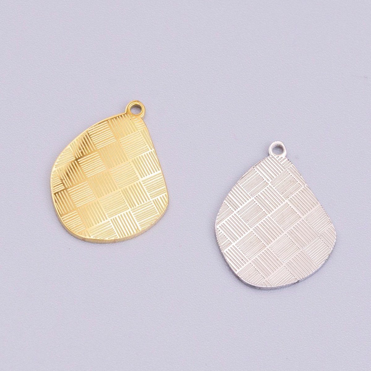 Stainless Steel Line Engraved Checkered Abstract Pear-Shaped Charm in Gold &amp; Silver | P-918