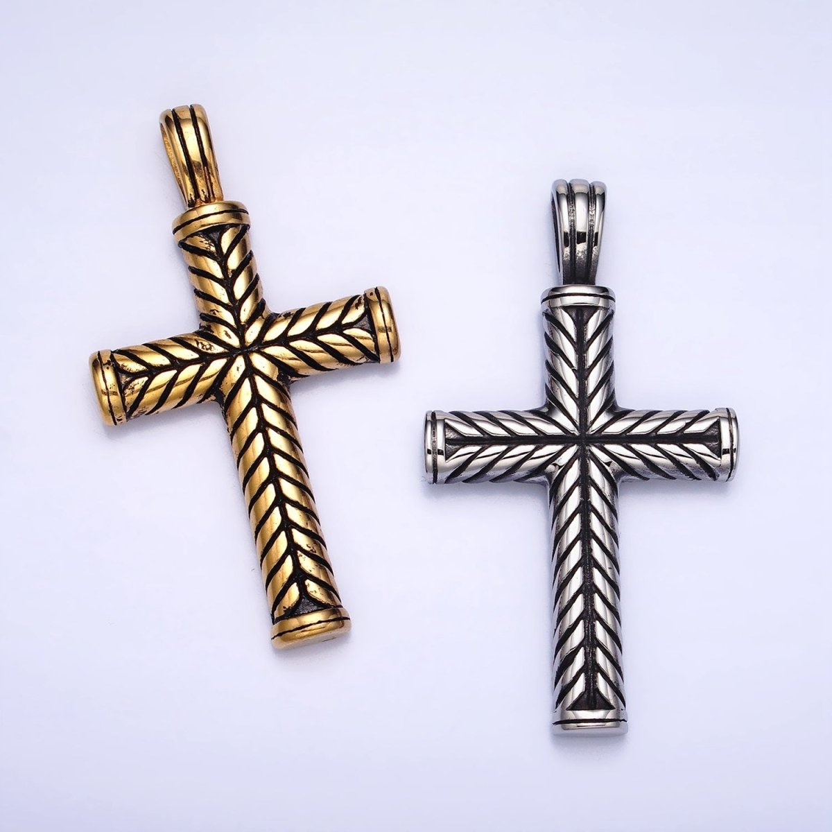 Stainless Steel Line-Engraved Religious 55mm Cross Pendant in Gold &amp; Silver P-1144