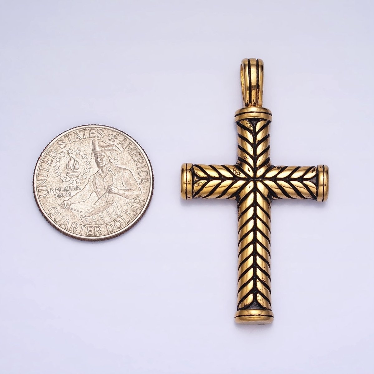 Stainless Steel Line-Engraved Religious 55mm Cross Pendant in Gold &amp; Silver P-1144