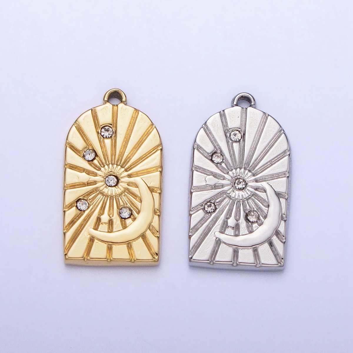Stainless Steel Line-Textured Celestial Sun Beam Crescent Moon CZ Stars Charm in Gold &amp; Silver | P-901