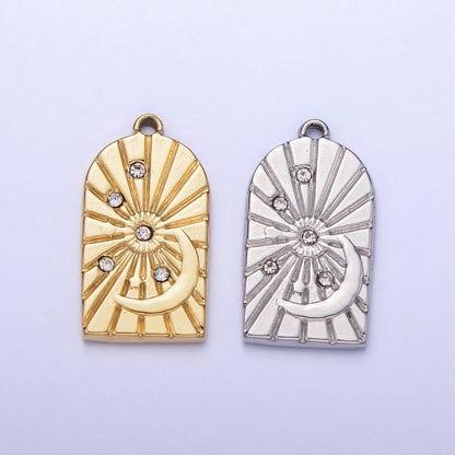 Stainless Steel Line-Textured Celestial Sun Beam Crescent Moon CZ Stars Charm in Gold &amp; Silver | P-901