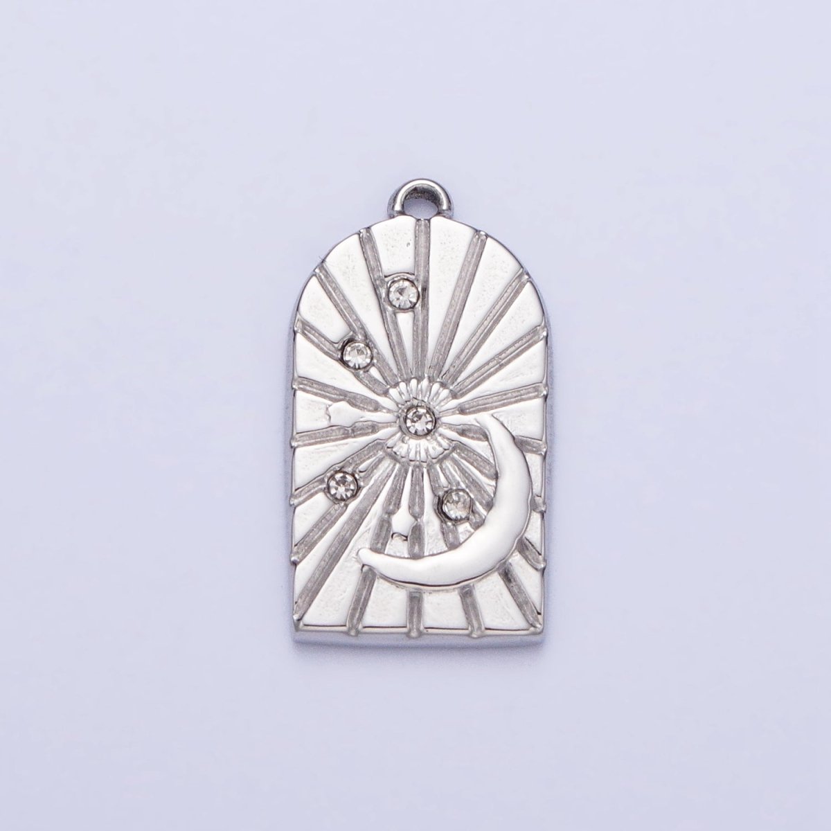 Stainless Steel Line-Textured Celestial Sun Beam Crescent Moon CZ Stars Charm in Gold &amp; Silver | P-901