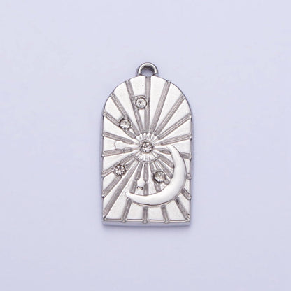 Stainless Steel Line-Textured Celestial Sun Beam Crescent Moon CZ Stars Charm in Gold &amp; Silver | P-901