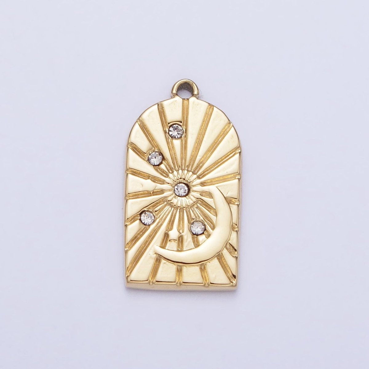Stainless Steel Line-Textured Celestial Sun Beam Crescent Moon CZ Stars Charm in Gold &amp; Silver | P-901