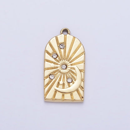 Stainless Steel Line-Textured Celestial Sun Beam Crescent Moon CZ Stars Charm in Gold &amp; Silver | P-901