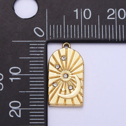 Stainless Steel Line-Textured Celestial Sun Beam Crescent Moon CZ Stars Charm in Gold &amp; Silver | P-901