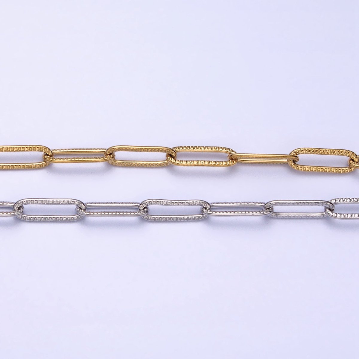 Stainless Steel Line-Textured PaperClip Unfinished 4mm Chain in Gold &amp; SIlver | ROLL-1348 ROLL-1349 Clearance Pricing
