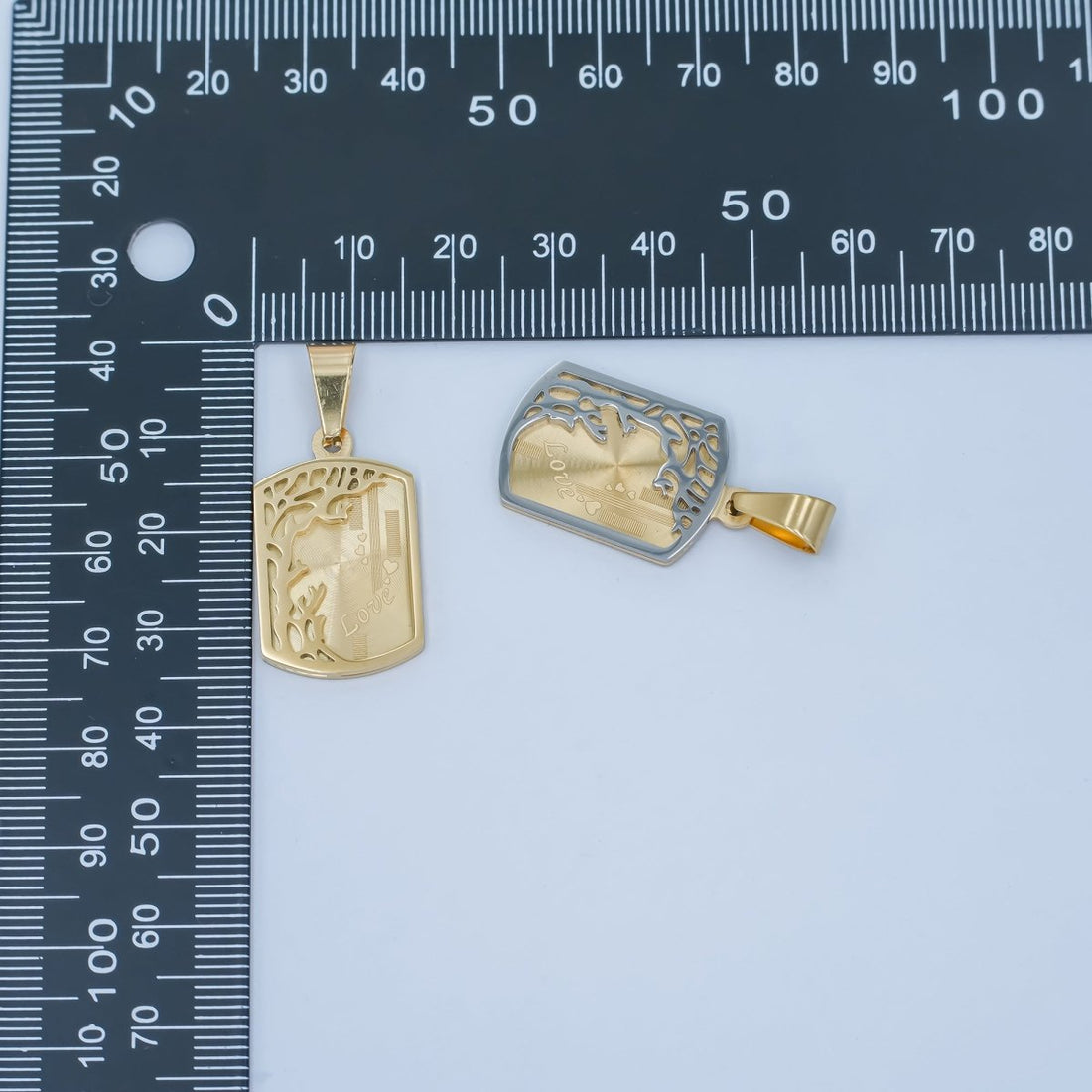 Stainless Steel "Love" Tree Lined Geometric Tag Pendant in Gold &amp; Mixed Metal | P930