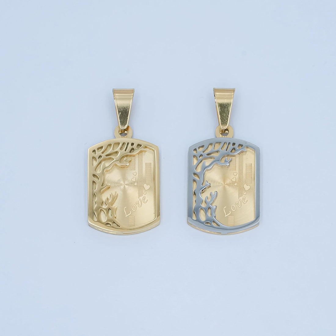 Stainless Steel "Love" Tree Lined Geometric Tag Pendant in Gold &amp; Mixed Metal | P930