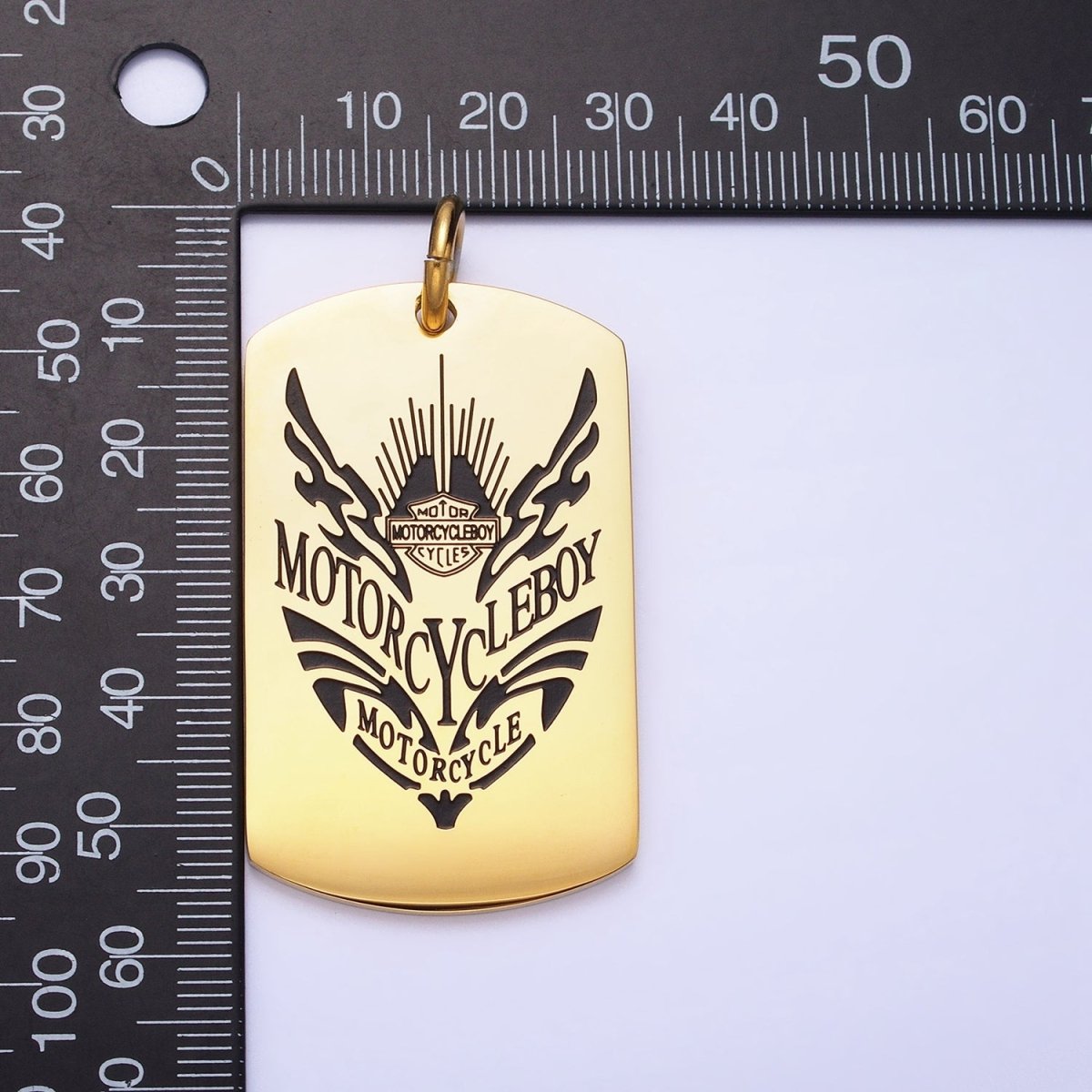 Stainless Steel Masculine "MOTORCYCLEBOY" Black Engraved Tag Charm in Gold &amp; Silver | P-929