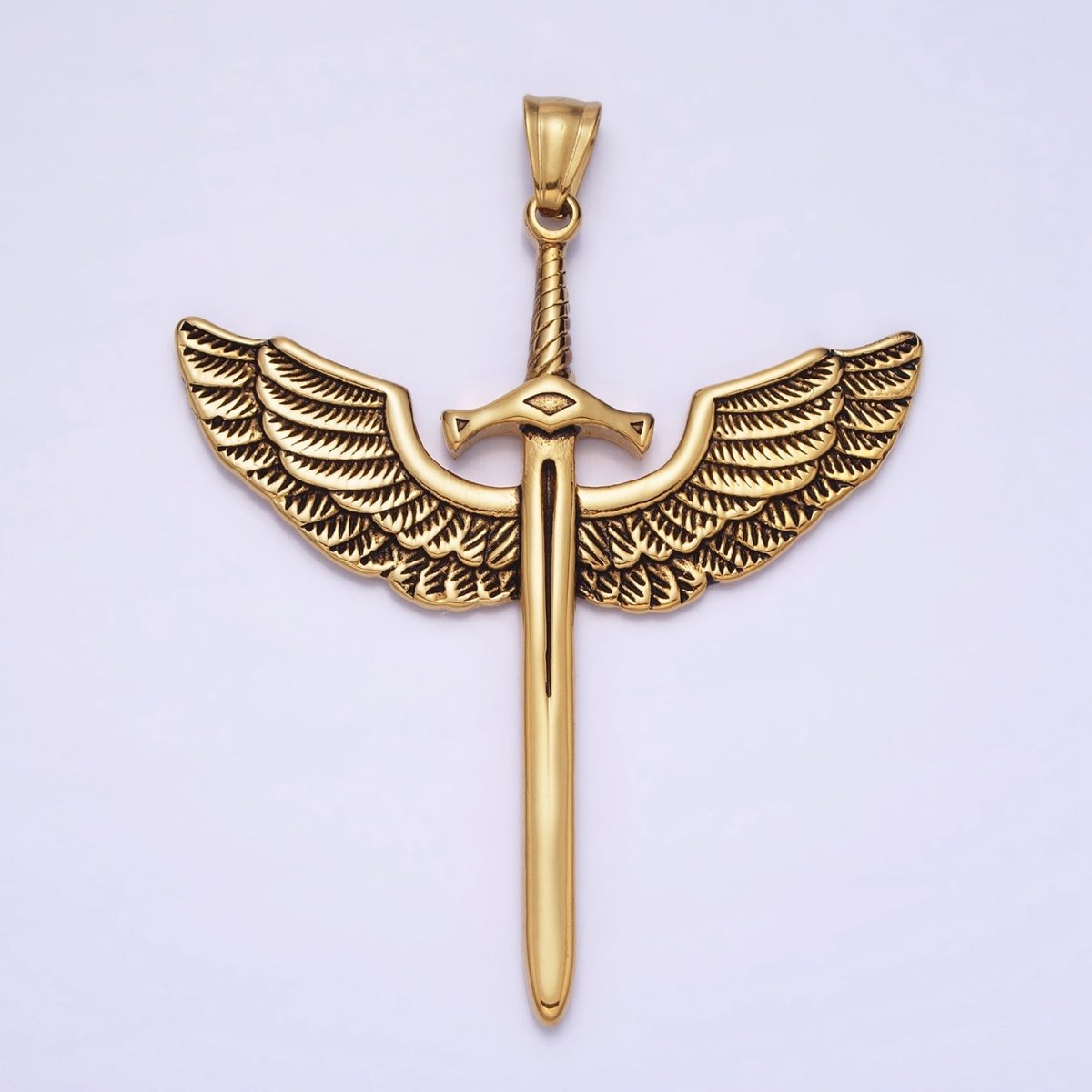 Stainless Steel Medieval Winged Sword Guardian Archangel Michael Pendant in Silver &amp; Gold | P-1137