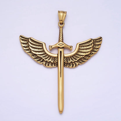 Stainless Steel Medieval Winged Sword Guardian Archangel Michael Pendant in Silver &amp; Gold | P-1137