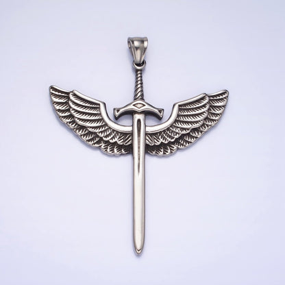 Stainless Steel Medieval Winged Sword Guardian Archangel Michael Pendant in Silver &amp; Gold | P-1137