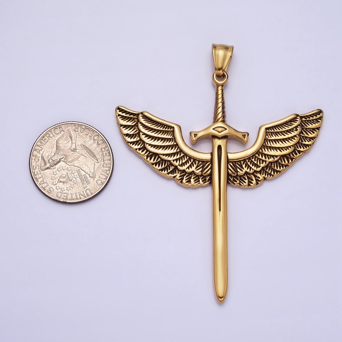Stainless Steel Medieval Winged Sword Guardian Archangel Michael Pendant in Silver &amp; Gold | P-1137