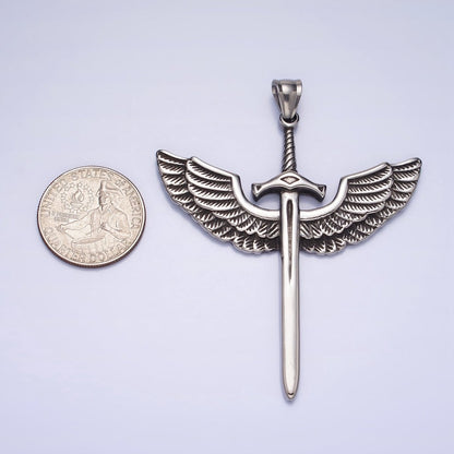 Stainless Steel Medieval Winged Sword Guardian Archangel Michael Pendant in Silver &amp; Gold | P-1137