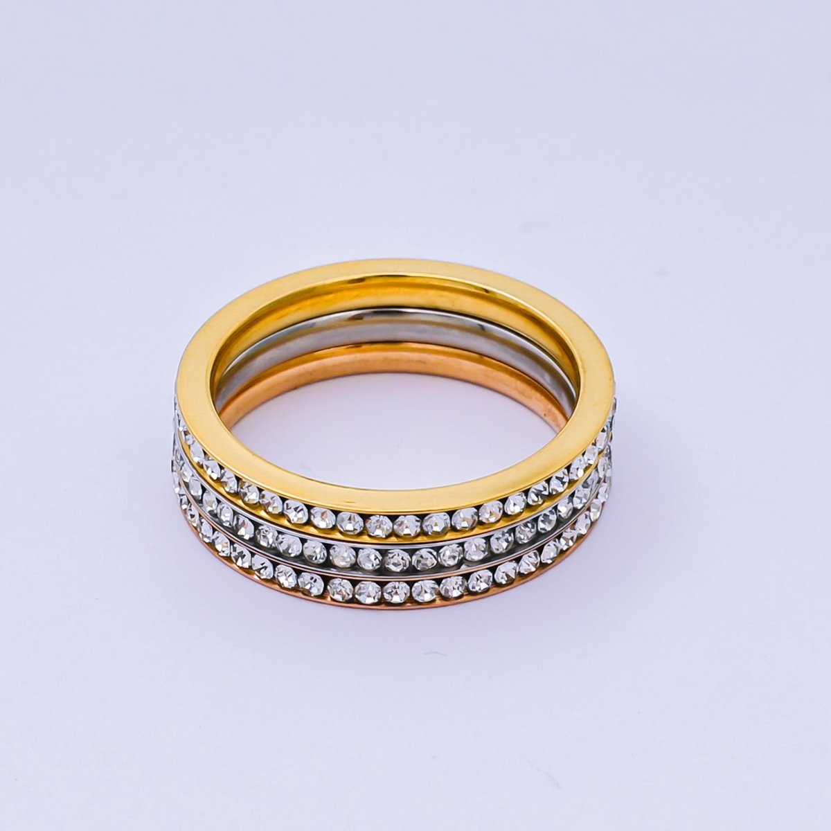 Stainless Steel Micro Paved CZ Sets Mix Metal Trinity Ring | O1458 - O1460