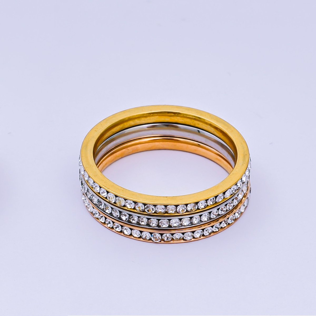 Stainless Steel Micro Paved CZ Sets Mix Metal Trinity Ring | O1458 - O1460