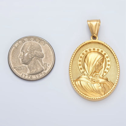 Stainless Steel Miraculous Lady Guadalupe Mary Stars Textured Oval Pendant | P1470