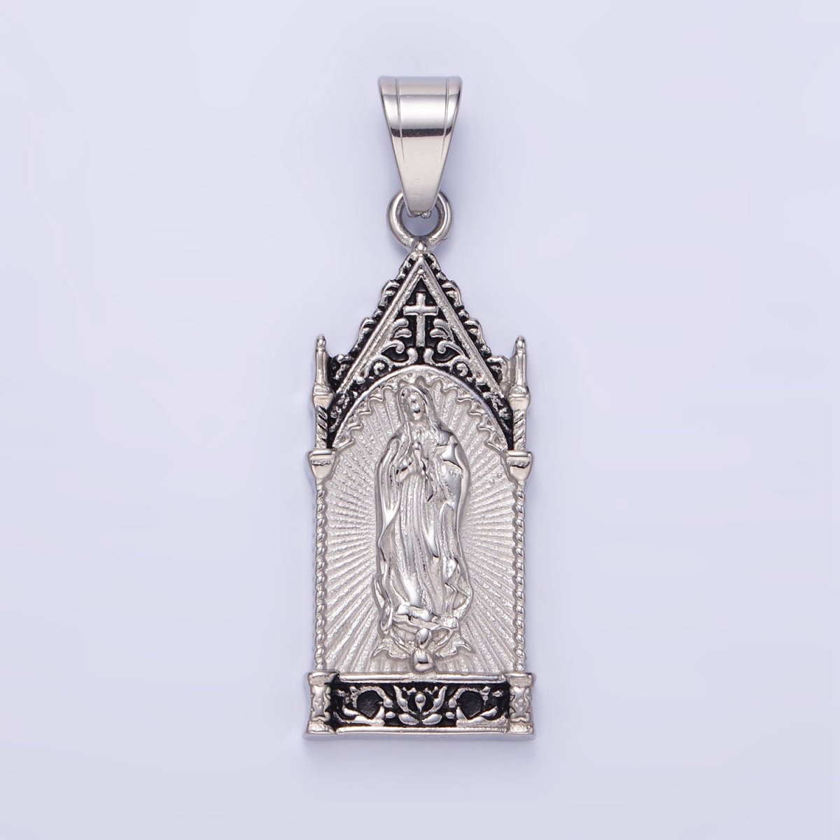 Stainless Steel 45mm Miraculous Mary Sunburst Religious Pendant in Gold &amp; Oxidized Silver | P1459