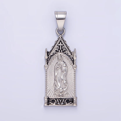 Stainless Steel 45mm Miraculous Mary Sunburst Religious Pendant in Gold &amp; Oxidized Silver | P1459
