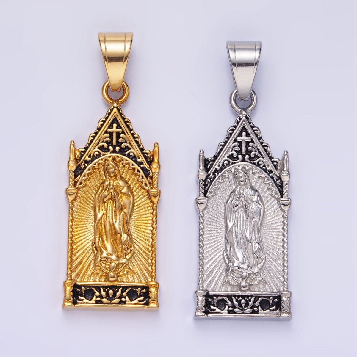 Stainless Steel 45mm Miraculous Mary Sunburst Religious Pendant in Gold &amp; Oxidized Silver | P1459