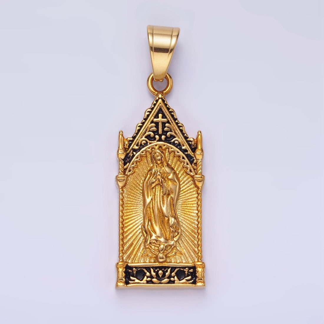 Stainless Steel 45mm Miraculous Mary Sunburst Religious Pendant in Gold &amp; Oxidized Silver | P1459