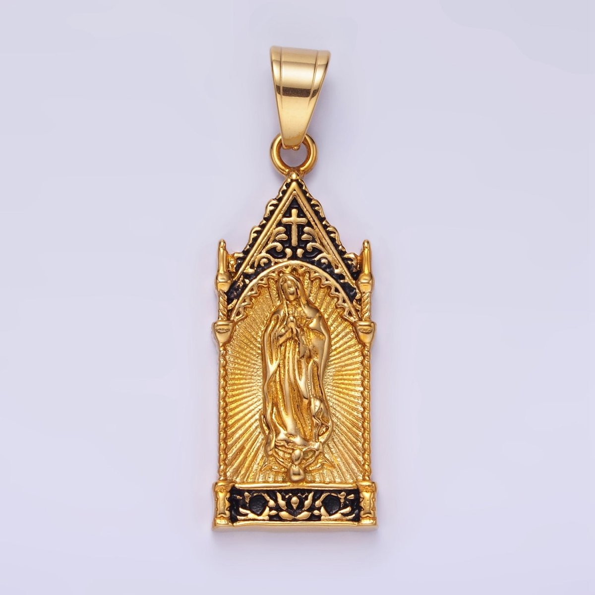 Stainless Steel 45mm Miraculous Mary Sunburst Religious Pendant in Gold &amp; Oxidized Silver | P1459