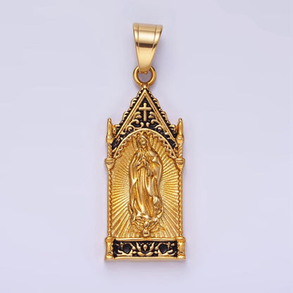 Stainless Steel 45mm Miraculous Mary Sunburst Religious Pendant in Gold &amp; Oxidized Silver | P1459