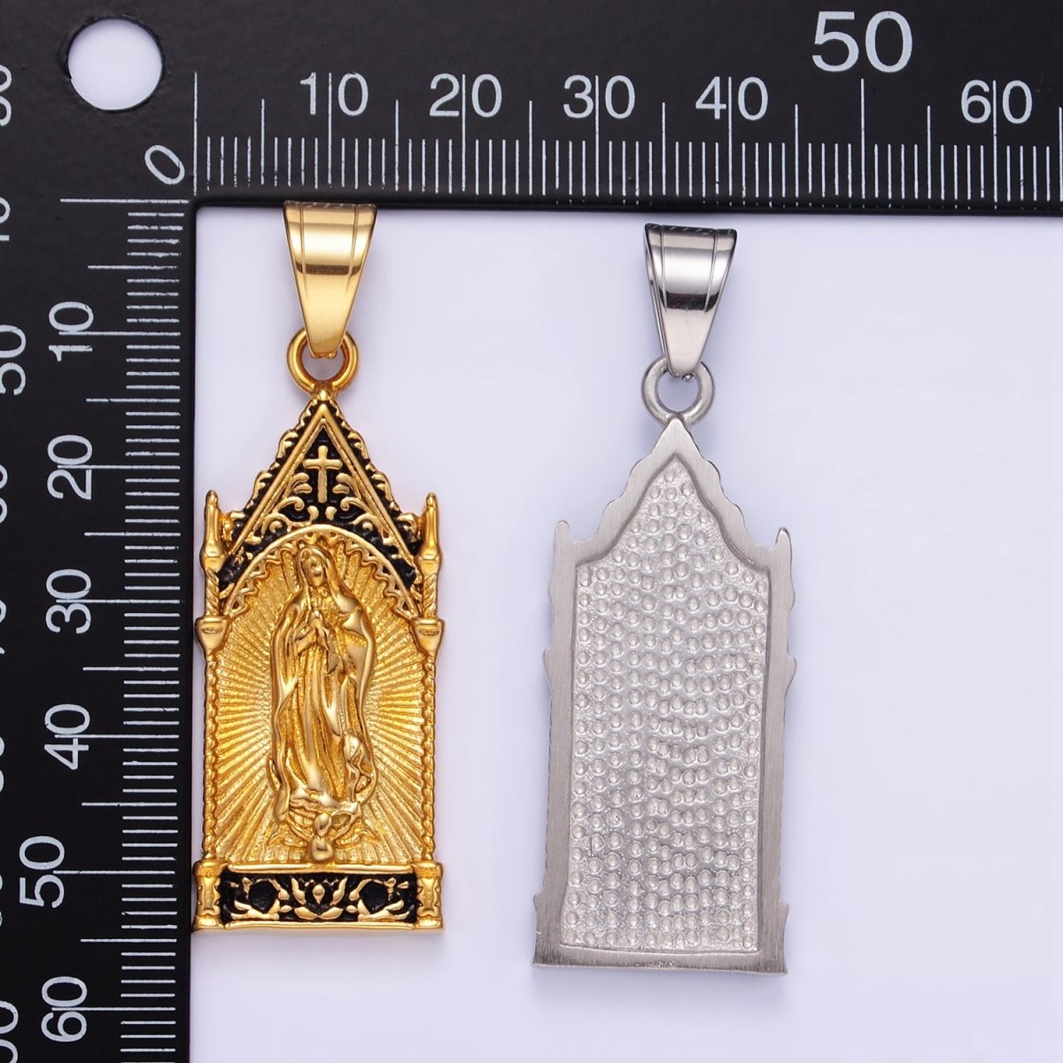 Stainless Steel 45mm Miraculous Mary Sunburst Religious Pendant in Gold &amp; Oxidized Silver | P1459