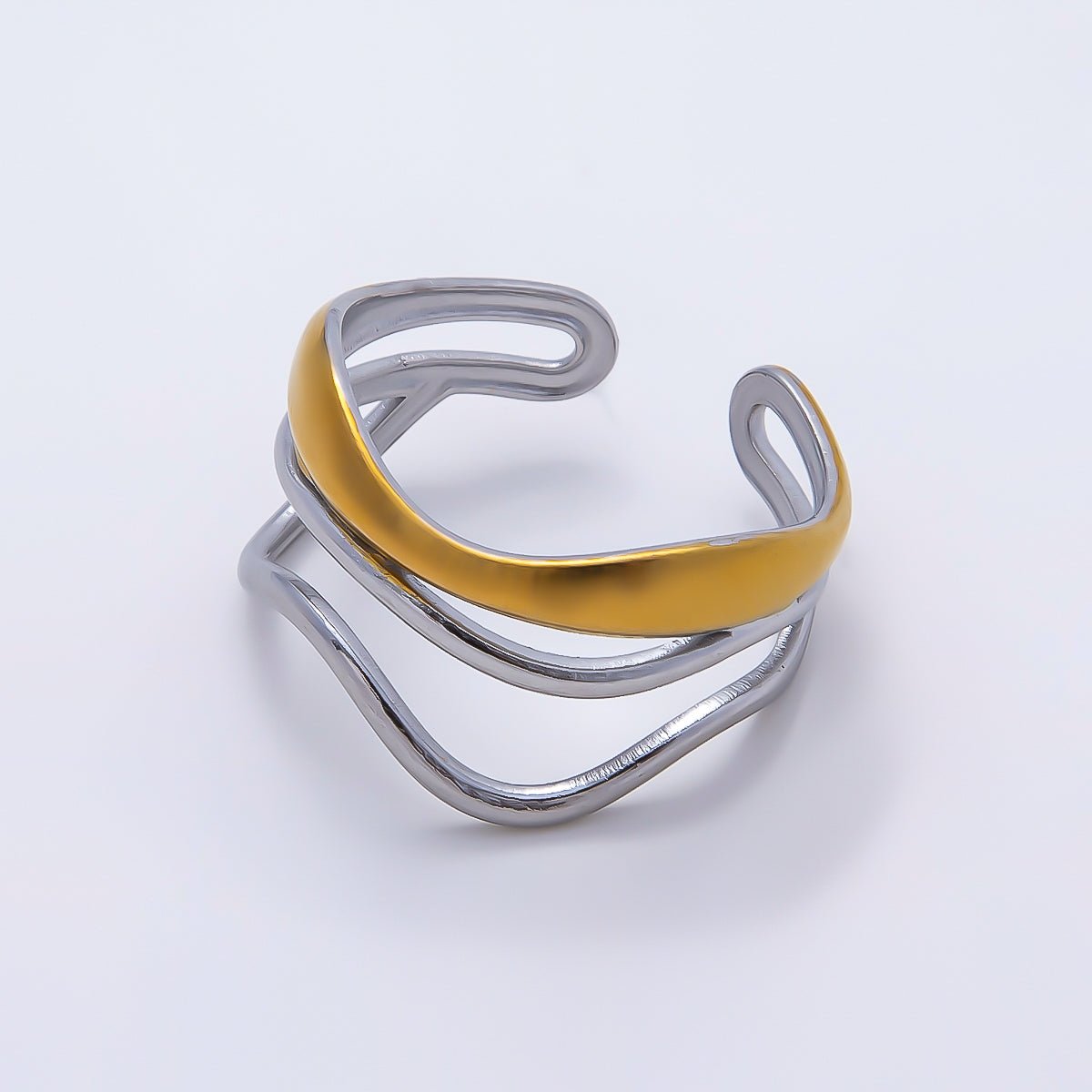 Stainless Steel Mixed Metal Curved Wave Triple Band Ring | Rings-00183