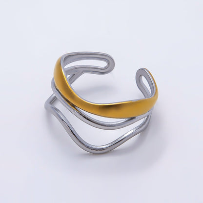 Stainless Steel Mixed Metal Curved Wave Triple Band Ring | Rings-00183