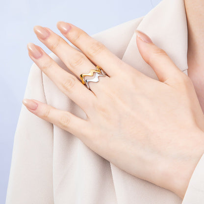 Stainless Steel Mixed Metal Geometric Curve Wave Double Band Ring | Rings-00191