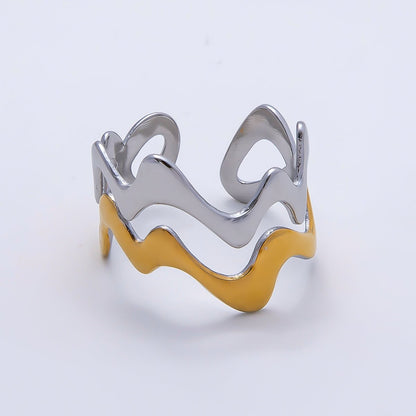 Stainless Steel Mixed Metal Geometric Curve Wave Double Band Ring | Rings-00191