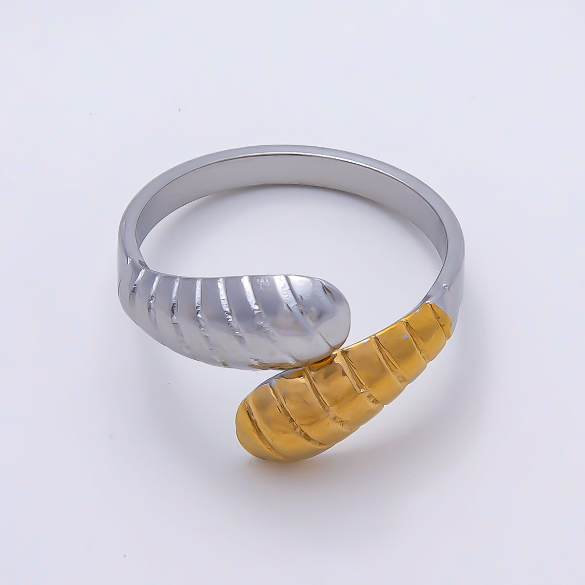 Stainless Steel Mixed Metal Lined Ribbed Molten Wrap Band Ring | Rings-00186