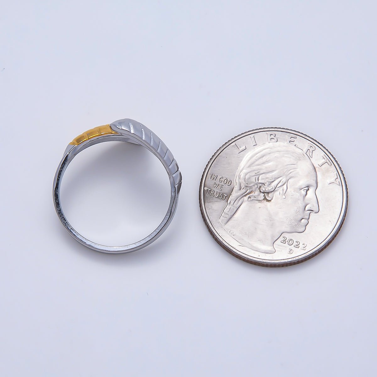 Stainless Steel Mixed Metal Lined Ribbed Molten Wrap Band Ring | Rings-00186