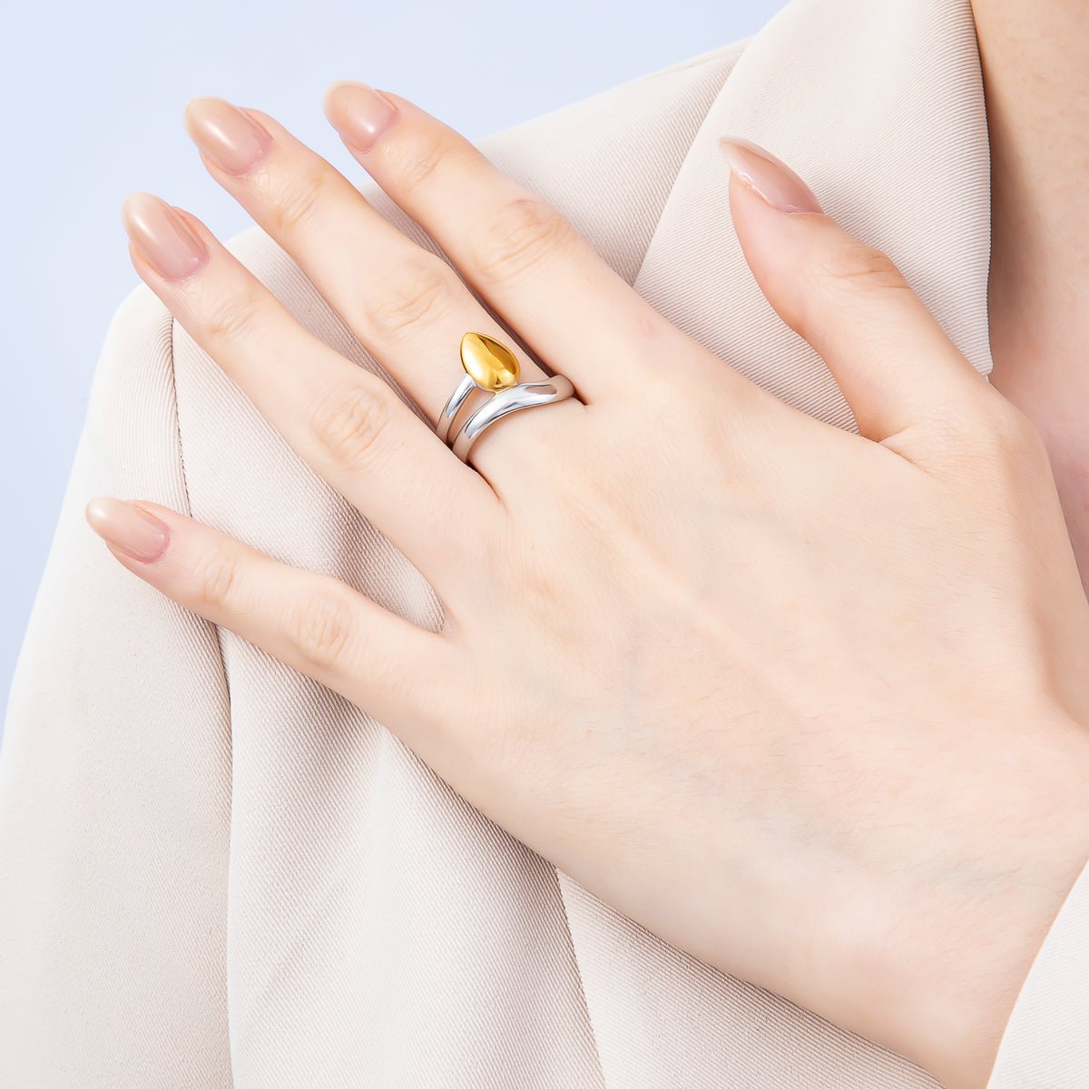 Stainless Steel Mixed Metal Molten Oval Double Band Ring | Rings-00184
