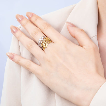 Stainless Steel Mixed Metal Natural Olive Leaf Open Wide Ring | Rings-00178