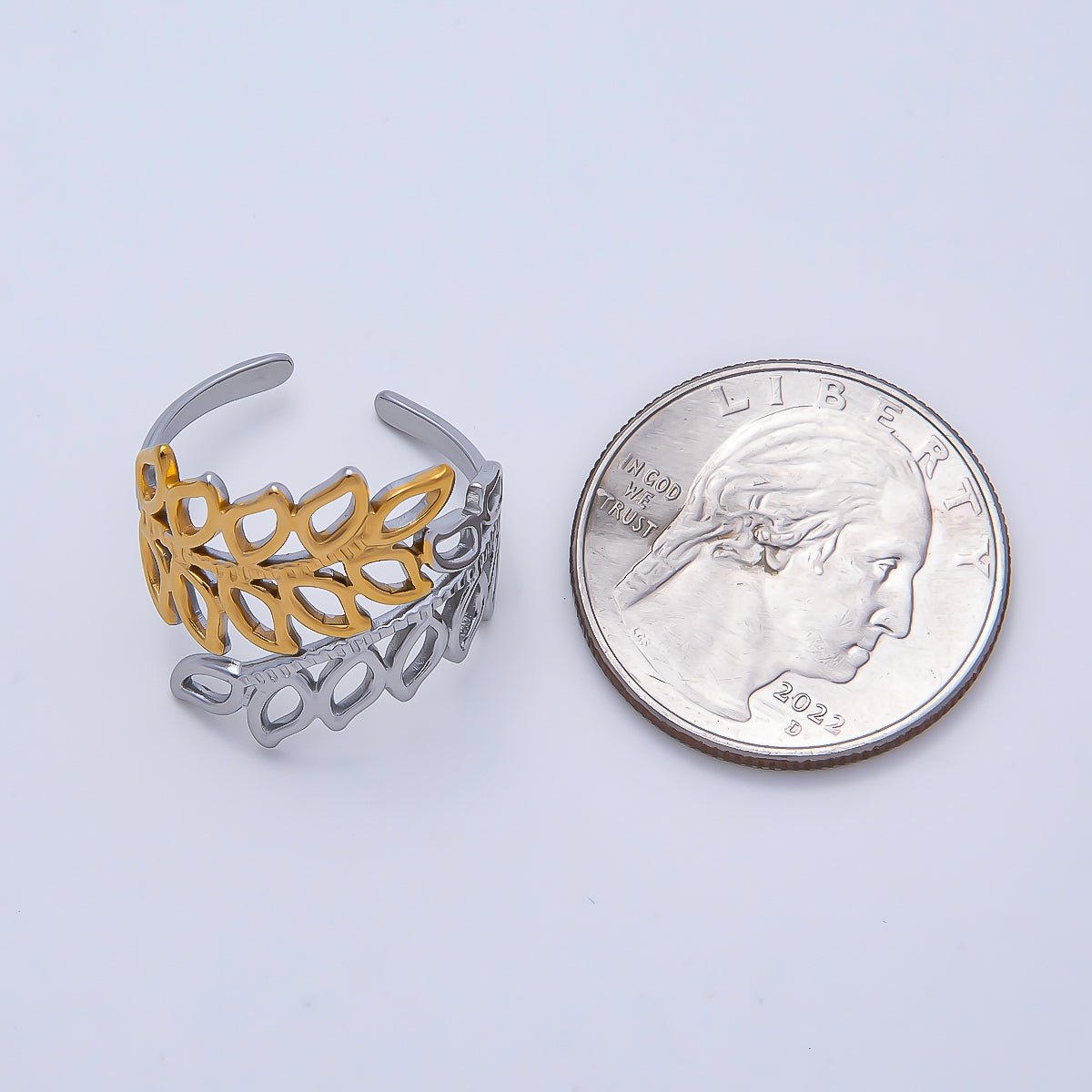 Stainless Steel Mixed Metal Natural Olive Leaf Open Wide Ring | Rings-00178