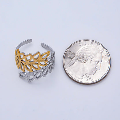 Stainless Steel Mixed Metal Natural Olive Leaf Open Wide Ring | Rings-00178