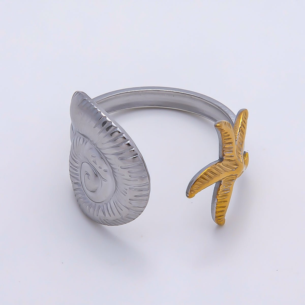 Stainless Steel Mixed Metal Starfish Scallop Sea Shell Wrap Ring | Rings-00182