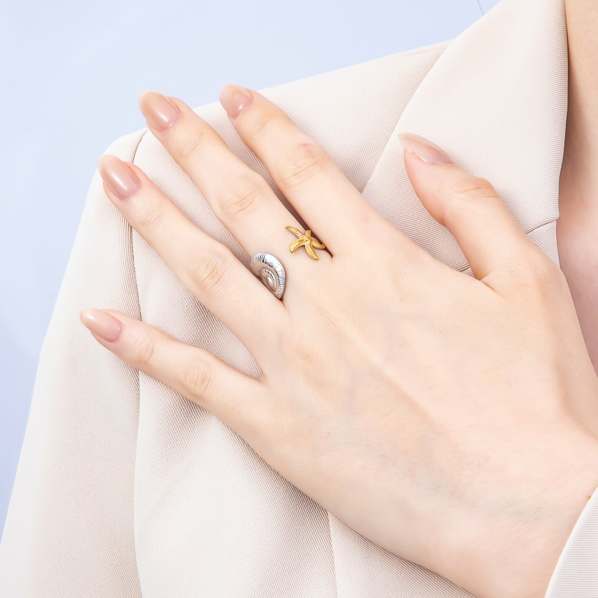 Stainless Steel Mixed Metal Starfish Scallop Sea Shell Wrap Ring | Rings-00182