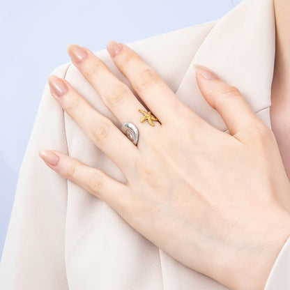 Stainless Steel Mixed Metal Starfish Scallop Sea Shell Wrap Ring | Rings-00182