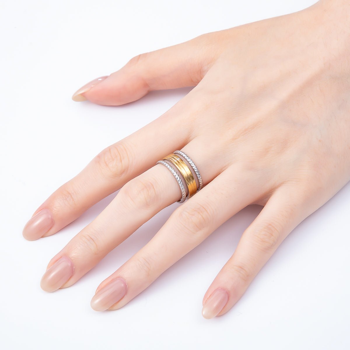 Stainless Steel Mixed Metal Wide Croissant Triple Band Ring | Rings-00180