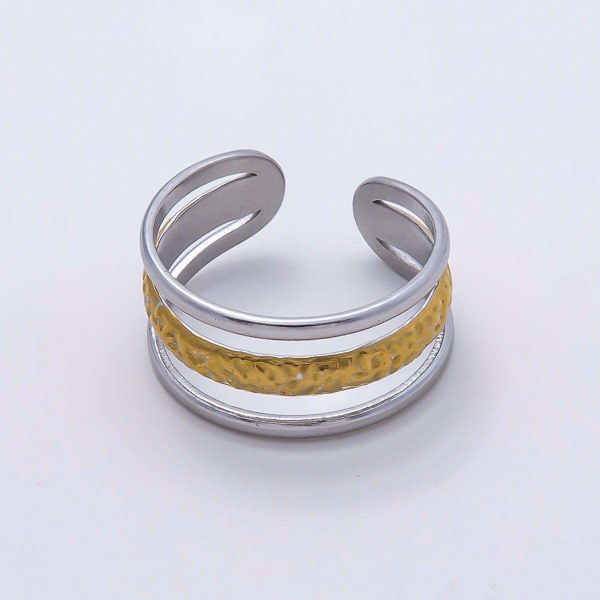 Stainless Steel Mixed Metal Wide Textured Triple Band Ring | Rings-00181