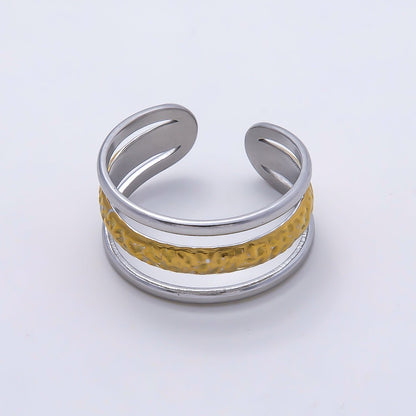 Stainless Steel Mixed Metal Wide Textured Triple Band Ring | Rings-00181