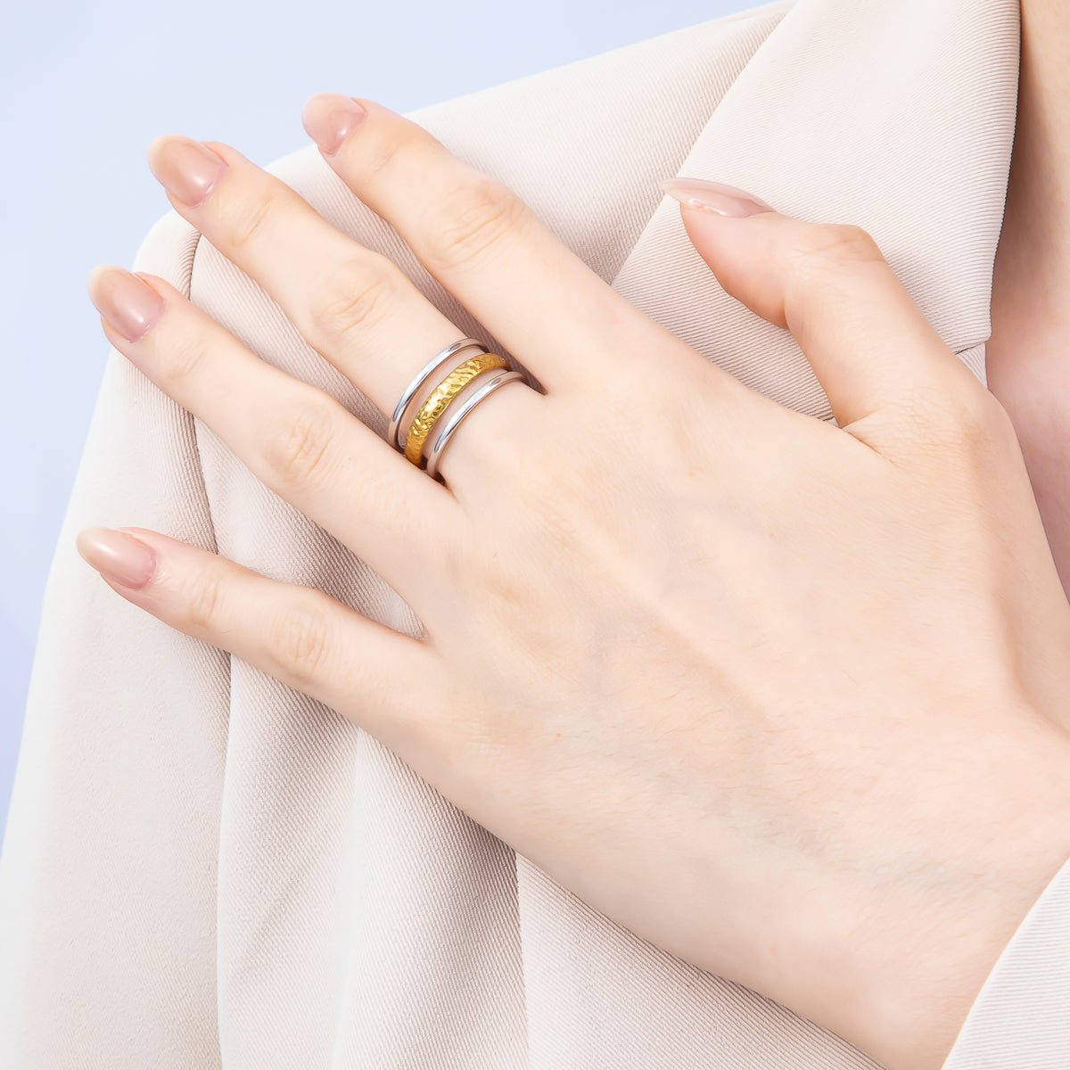 Stainless Steel Mixed Metal Wide Textured Triple Band Ring | Rings-00181