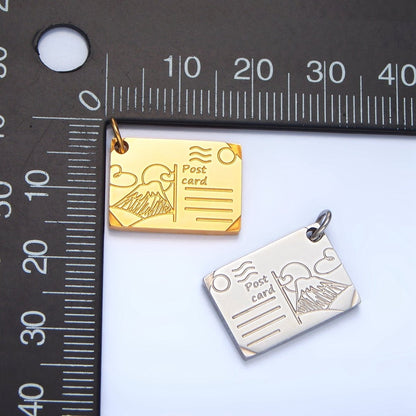 Stainless Steel 18mm Mount Fuji Japan Engraved Post Card Charm in Gold &amp; Silver | P1248