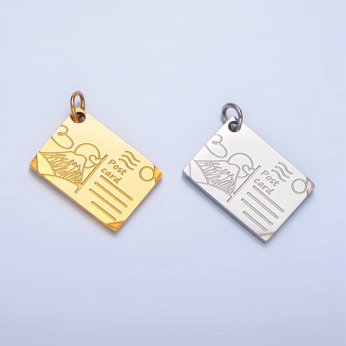 Stainless Steel 18mm Mount Fuji Japan Engraved Post Card Charm in Gold &amp; Silver | P1248