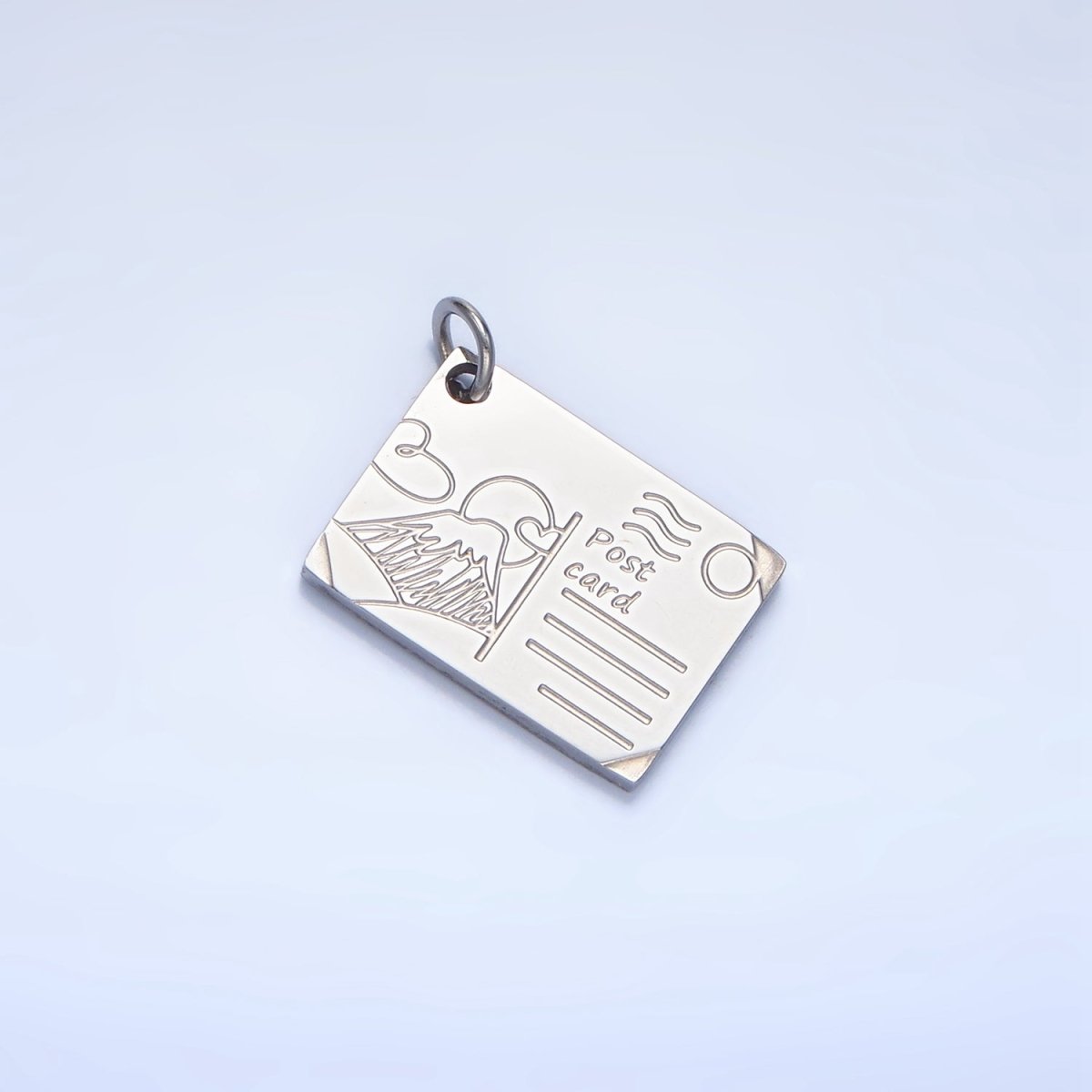 Stainless Steel 18mm Mount Fuji Japan Engraved Post Card Charm in Gold &amp; Silver | P1248